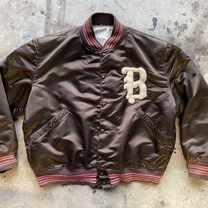 Vintage 1960s-70s Brown SatinVarsity Jacket with Red Accents